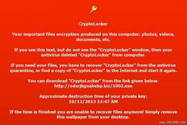 Thông báo đòi tiền chuộc từ một phần mềm ransomware có tên CryptoLocker.